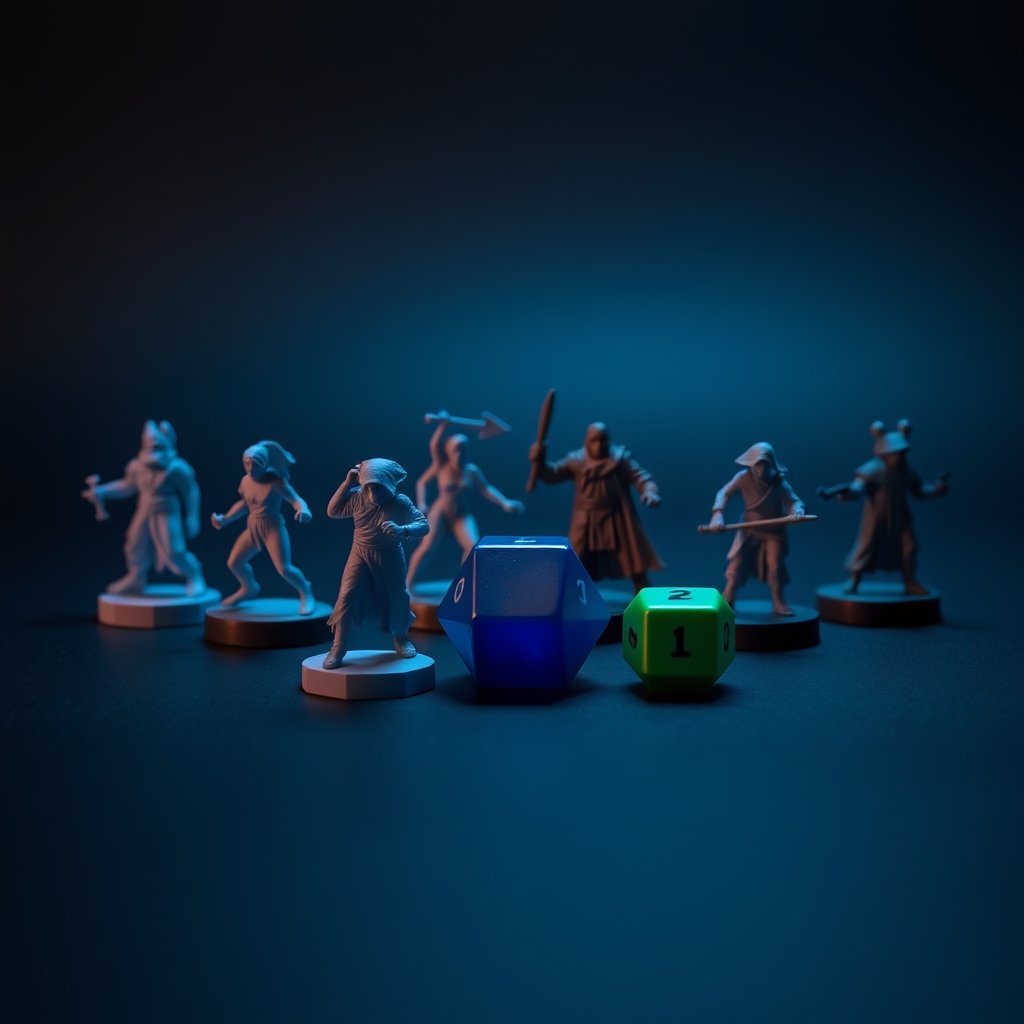 3D printed tabletop miniatures and dice